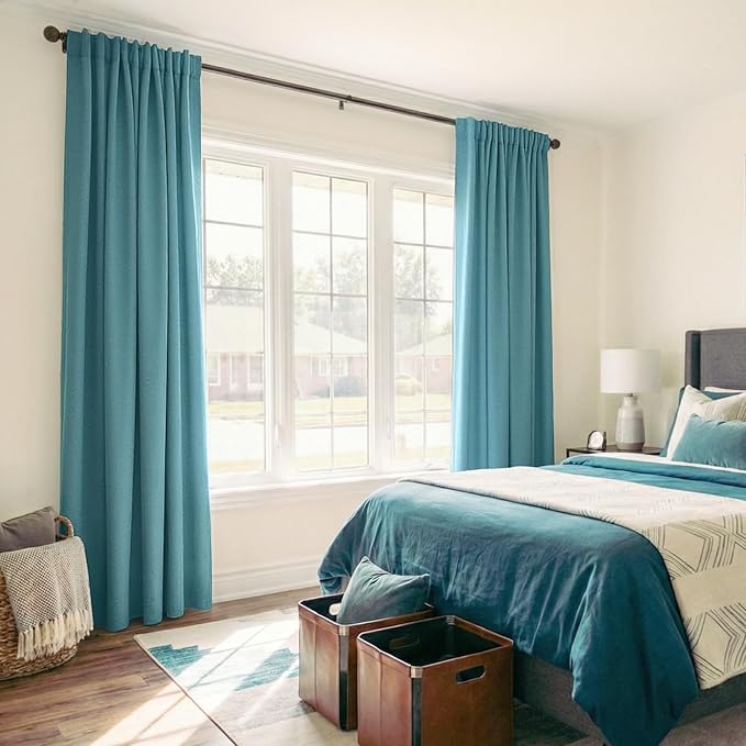 100% Blackout Shield Linen Blackout Curtains for Bedroom 90 Inches Long, Back Tab/Rod Pocket Living Room Drapes, Thermal Insulated Blackout Curtains 2 Panels Set, 50" W x 90" L, Dark Cyan