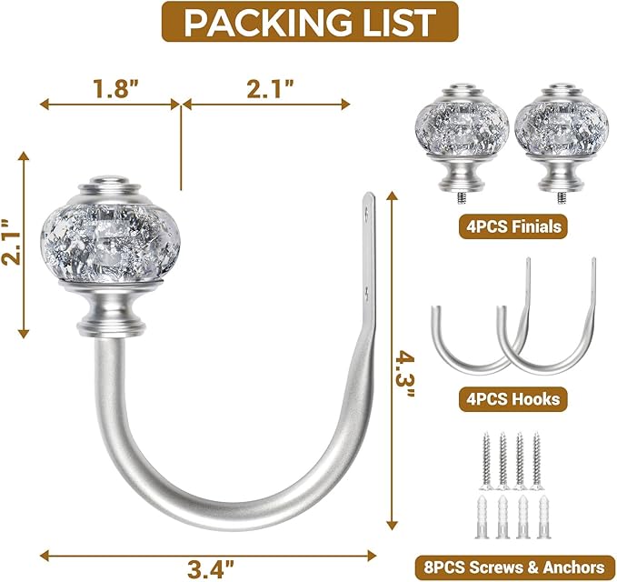 2 Pack Curtain Holdbacks, USFOOK Silver Decorative Window Drapery Tiebacks (2 Pack/1 Pair), Curtain Tie Back Hooks for Wall with Translucent Finials (3.95" L x 3.4" W)