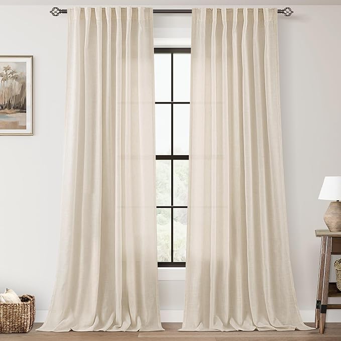 Apricot Linen Curtain 120 inch Length 2 Panels Set Back Tab Light Filtering Living Room Curtain Drapes Home Office Modern Minimalist Decor Farmhouse Boho Neutral Cream Semi Sheer Curtain 120 inch Long