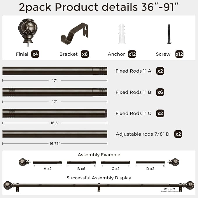 2 Pack Bronze Curtain Rod, Heavy Duty 1 Inch Decorative Curtain Rods for Windows 48 to 84 Inch, Single-Side Adjustable Vintage Rustic Antique Brown Drapery Pole with Netted Texture Finials