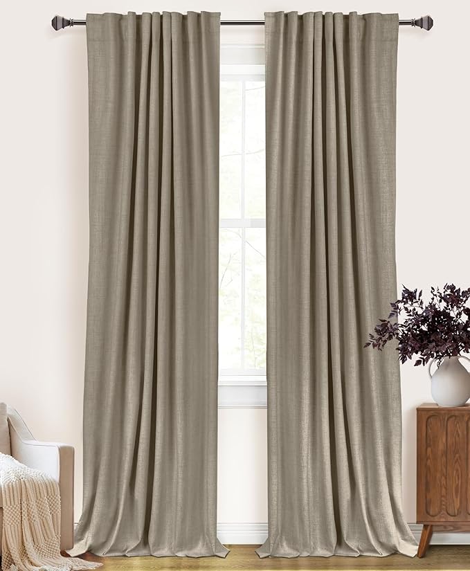 100% Blackout Shield Linen Blackout Curtains for Bedroom 84 Inches Long, Back Tab/Rod Pocket Living Room Drapes, Thermal Insulated Blackout Curtains 2 Panels Set, 50" W x 84" L, Faux Linen