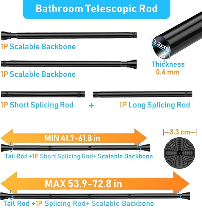 AIZESI Spring Tension Rods Adjustable Tension Curtain Rod Small Tension Rod No Drilling Expandable Spring Loaded Curtain Tension Rod?Black,45" to 77"-1Pcs)