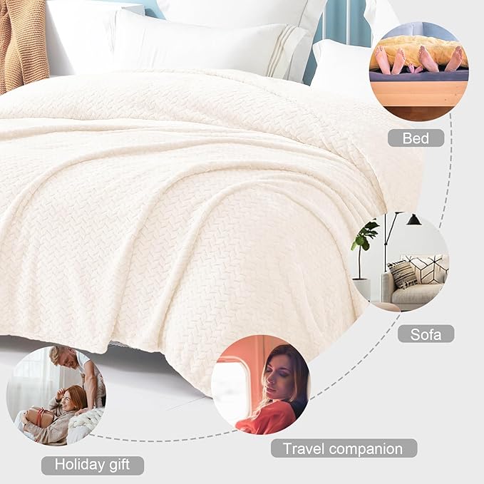 Exclusivo Mezcla Fleece King Size Blanket for Bed, 90x104 Inches Soft Cozy Jacquard Flannel Blankets, Lightweight Fuzzy Plush Warm for Women, Off White