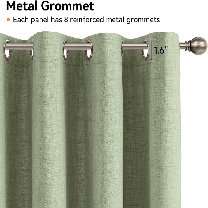 100% Blackout Shield Linen Blackout Curtains for Bedroom, Sage Green Grommet Curtains for Living Room, Thermal Insulated Room Darkening Drapes for Nursery, Boho Home Decor, 50" W x 84" L, 2 Panels