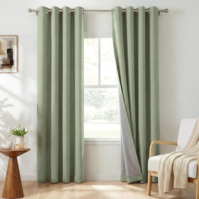 100% Blackout Shield Linen Blackout Curtains for Bedroom, Sage Green Grommet Curtains for Living Room, Thermal Insulated Room Darkening Drapes for Nursery, Boho Home Decor, 50" W x 84" L, 2 Panels