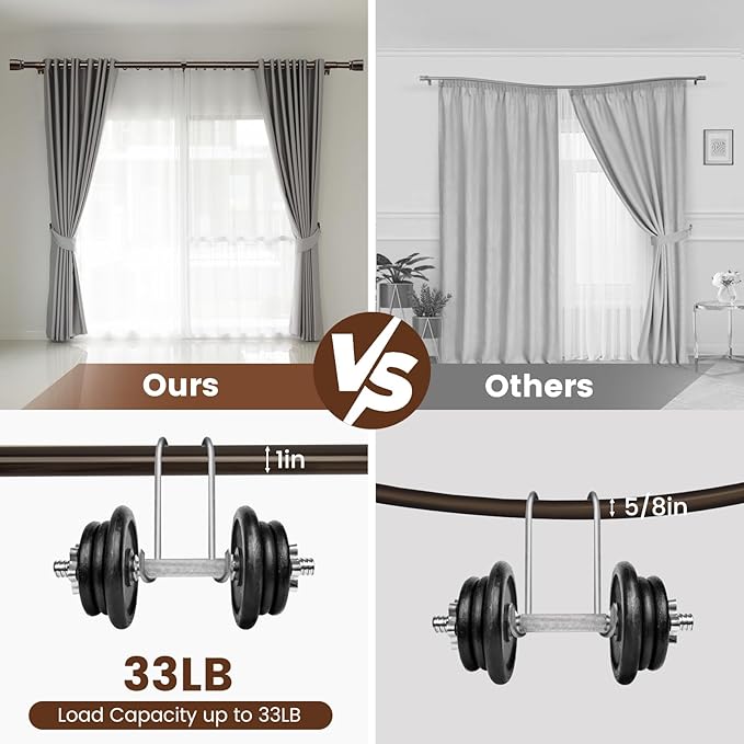 1” Diameter brown curtain rod Itself is 30 to 144 inch. 1 Pack Fits 30-142 inch, 66 to 120 inch Windows with Heavy Duty Adjustable brown curtain rods Splicing Metal Extra Long Curtain Rod