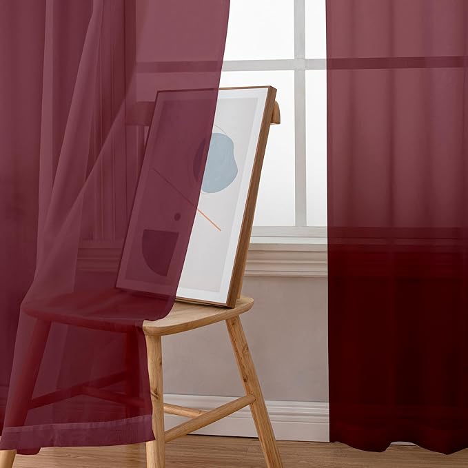 Aiyufeng Sheer Voile Window Treatment Rod Pocket Curtain Panels for Kitchen Bedroom Living Room Drapes Sunlight Filtering Privacy Semi Home Decor Assorted Colors Sizes (Burgundy, 40 W x 72 L)