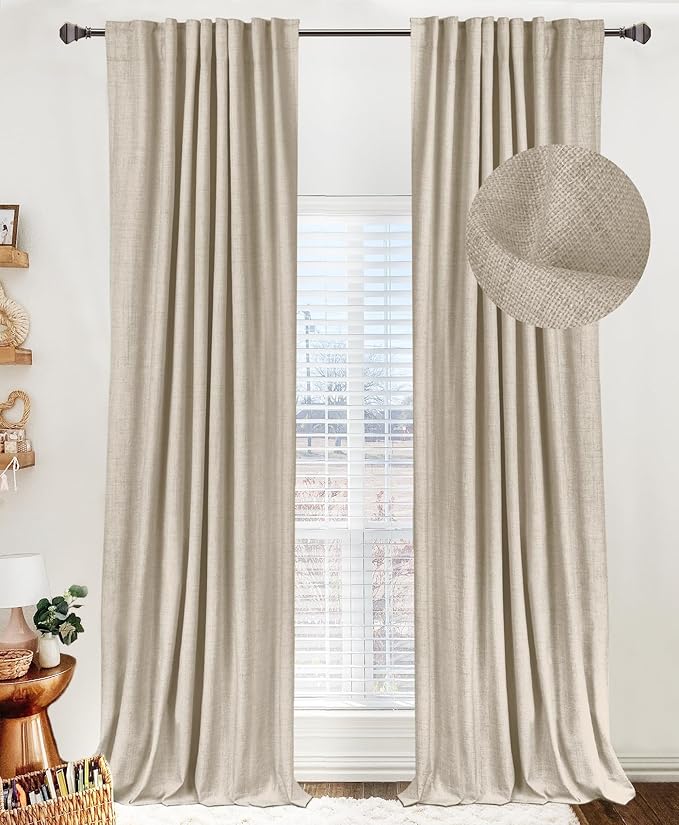 100% Blackout Shield Linen Blackout Curtains for Bedroom 84 Inches Long, Back Tab/Rod Pocket Living Room Drapes, Thermal Insulated Blackout Curtains 2 Panels Set, 50" W x 84" L, Oatmeal