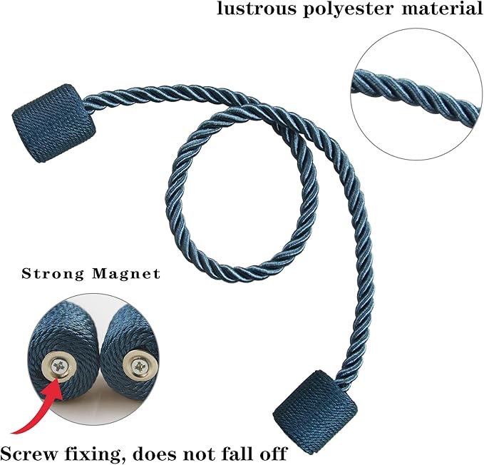 6 Pack Blue Strong Magnetic Curtain Tiebacks Outdoor Elegant Decorative Tie Backs Modern Rope Tiebacks for Drapes Window Curtain Holdbacks for Draperies