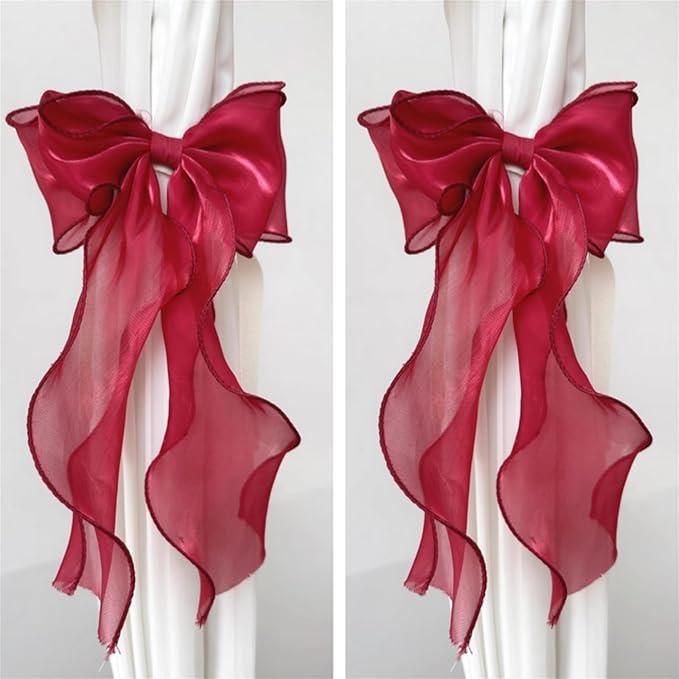 2 Pack French Silky Bow Curtain Tiebacks, Elegant Lace Ribbon for Curtains Decorative Rope Accessories Home Décor (Red,2)