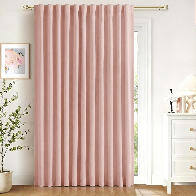 100% Blackout Shield Linen Blackout Curtains for Bedroom 90 Inches Long, Back Tab/Rod Pocket Living Room Drapes, Thermal Insulated Blackout Curtains 1 Panel Set, 100" W x 90" L, Blush Pink