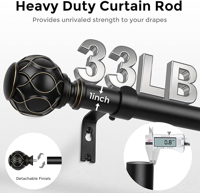 2 Pack Black Curtain Rod, Heavy Duty 1 Inch Decorative Curtain Rods for Windows 48 to 84 Inch, Single-Side Adjustable Vintage Rustic Matte Black Drapery Pole Set with Netted Texture Finials