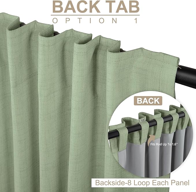 100% Blackout Shield Linen Blackout Curtains for Bedroom 90 Inches Long, Back Tab/Rod Pocket Living Room Drapes, Thermal Insulated Blackout Curtains 1 Panel Set, 100" W x 90" L, Sage
