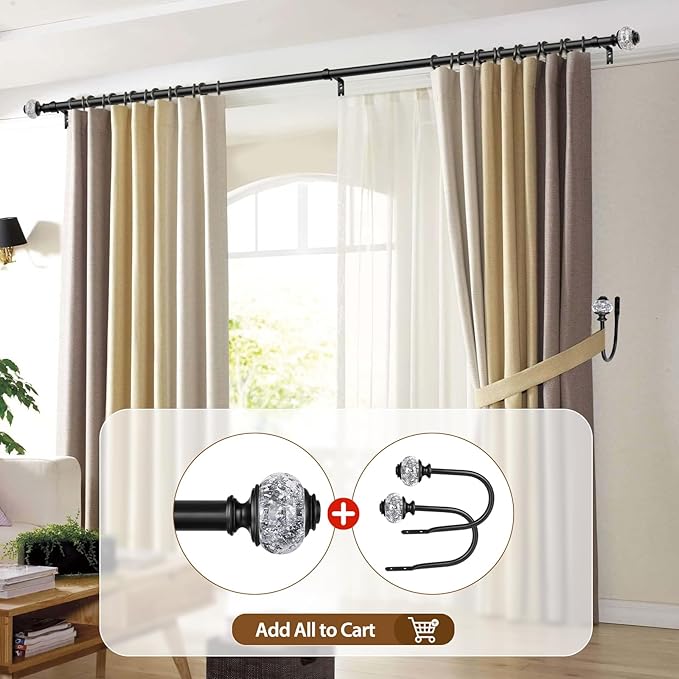 2 Pack Black Curtain Rods for Windows 48 to 84 Inch, USFOOK 7/8 Inch Telescoping Splicing Drapery Rods 32 to 86 Inch, Decoration for Home with Decorative Translucent Finials