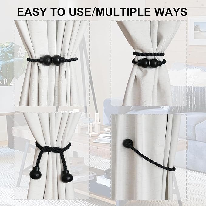 4 Pack Magnetic Curtain Tiebacks Modern Handmade Rope Curtain Tie Backs Decorative Drapes Weave Holdbacks for Home Outdoor Bedroom Office Decorative Curtain, Black