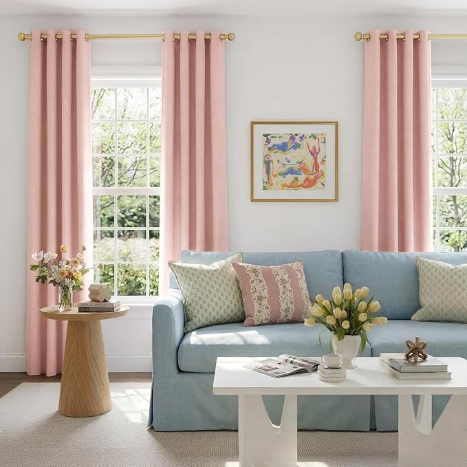 100% Blackout Shield Linen Blackout Curtains for Bedroom, Blush Pink Grommet Curtains for Living Room, Thermal Insulated Room Darkening Drapes for Nursery, Boho Home Decor, 50" W x 84" L, 2 Panels