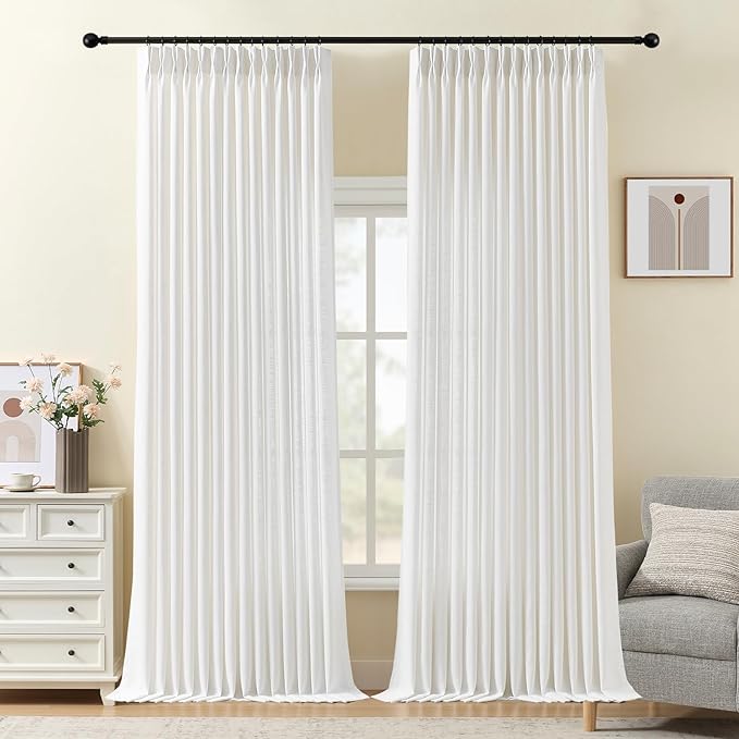 102 Inch Linen Pleated Curtains for Living Room, Pinch Pleated Curtain with Rings Hooks Semi Sheer Light Filtering Memory Trained Window Drapes for Bedroom Dining Room, 40W, Snow White, 2 Panel