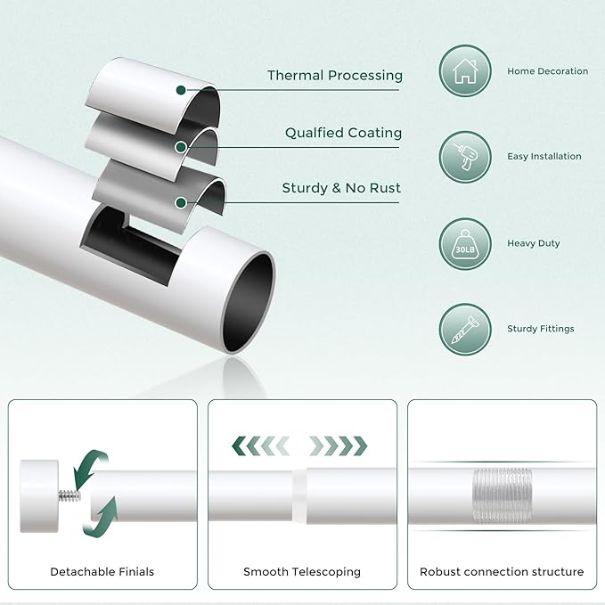White Curtain Rods for Windows 36 to 176 Inch(3-14 Feet),1" Diameter Rods with Modern Style End Cap Finials,Size:36-176 Inch