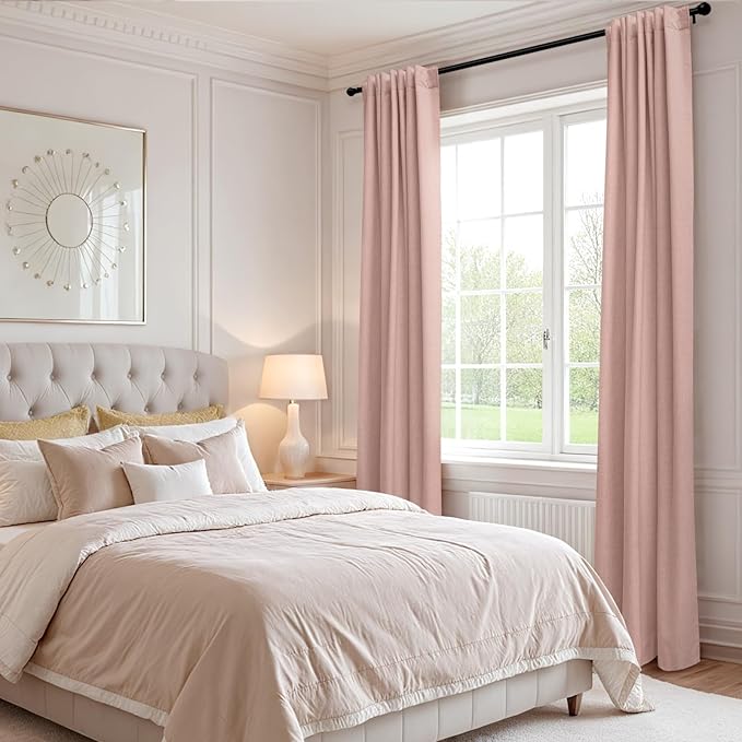 100% Blackout Shield Linen Blackout Curtains for Bedroom 84 Inches Long, Back Tab/Rod Pocket Living Room Drapes, Thermal Insulated Blackout Curtains 2 Panels Set, 50" W x 84" L, Blush Pink