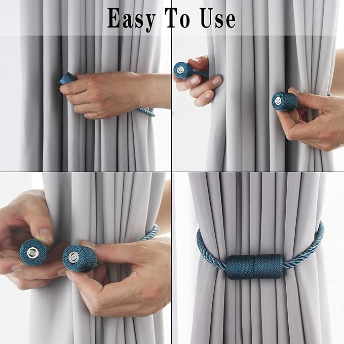 4 Pack Blue Strong Magnetic Curtain Tiebacks Outdoor Elegant Decorative Tie Backs Modern Rope Tiebacks for Drapes Window Curtain Holdbacks for Draperies