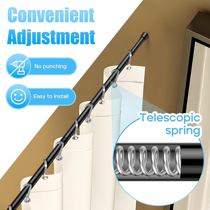 AIZESI 2pcs Adjustable Curtain Rod No Drilling Black Spring Tension Rod Adjusting Length 31 to 54 Inch Small Expandable Loaded Curtain Rods for Windows, Cupboard, Kitchen Cabinets,Bathroom