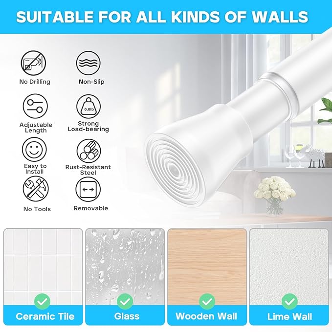 AIZESI Spring Tension Rods Adjustable Tension Curtain Rod Small Tension Rod No Drilling Expandable Spring Loaded Curtain Tension Rod?White,45" to 77"-1Pcs)
