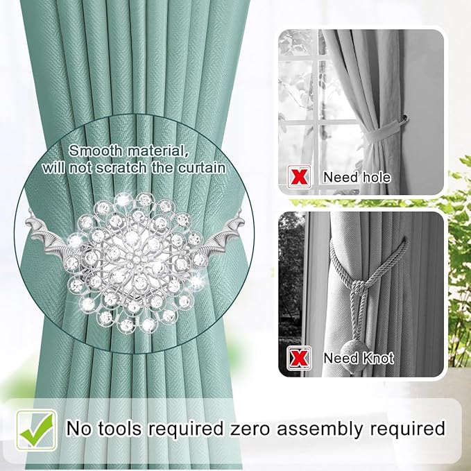AULEEP Magnetic Curtain Tiebacks, 4 Pack Magnetic Crystal Decorative Drapes Curtain Clips Buckle, Flower Curtain Tie Back, European and American Style (Silver)