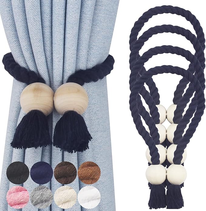 4 Pack Magnetic Curtain Tiebacks Cotton Hand Woven Tie Back Decorative Rope Holdbacks for Curtains Draperies No Tools Required, Navy