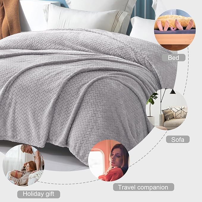 Exclusivo Mezcla Fleece Twin Size Blanket for Bed, 60x80 Inches Soft Cozy Jacquard Flannel Blankets, Lightweight Fuzzy Plush Warm for Women, Light Grey