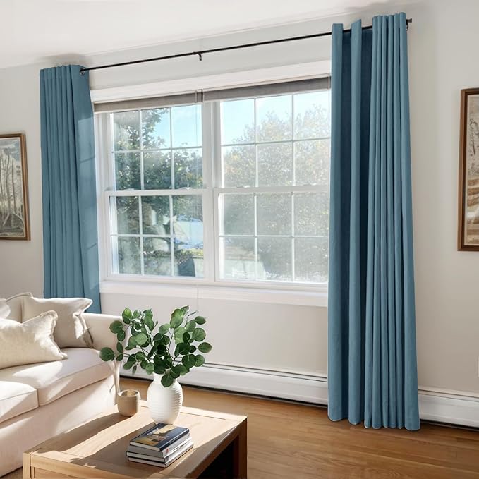 100% Blackout Shield Linen Blackout Curtains for Bedroom, Stone Blue Grommet Curtains for Living Room, Thermal Insulated Room Darkening Drapes for Nursery, Boho Home Decor, 50" W x 96" L, 2 Panels