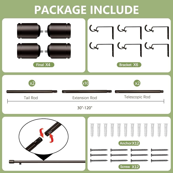 5/8” Diameter Curtain Rods 30-120 Inch, for 30-114 Inch Windows, Adjustable Splicing Antique Bronze Curtain Rods for Windows with Brackets, Window Rod Long Small Curtains Rod, 2 Pack