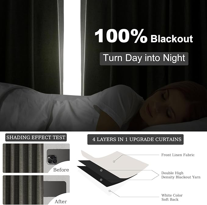 102 Inch Long Charcoal Gray Blackout Curtains for Bedroom 2 Panels Set Modern Natural Linen Back Tab Pleated Floor to Ceiling Thermal Drapes Hooks Rings 102 In Window Drapes 100% Black Out Linen