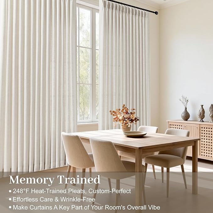 60 Inch Extra Width Pinch Pleated Curtains for Living Room, Light Filtering Modern Privacy Pleated Linen Sheer Curtain with Hooks Rings Back Tab Drapes for Sliding Door, Natural, 1 Panel, W60xL90