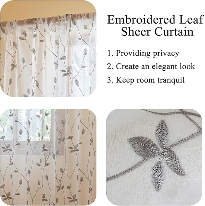 AmHoo 2 Panels Embroidered Leaf Pattern Semi Sheer Curtains Foliage Floral Voile Window Draperies Treatment for Bedroom Living Room Rod Pocket White Light Gray 53 x 84 Inch