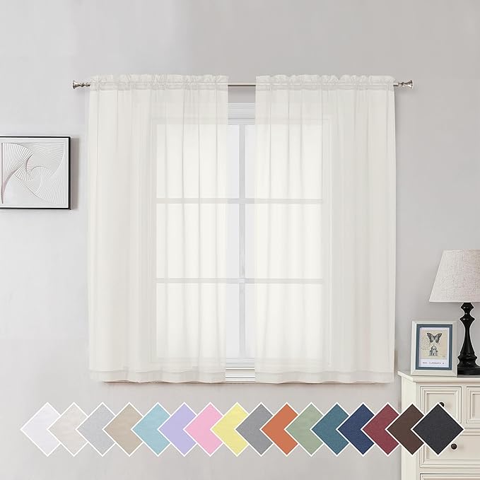 Aiyufeng Ivory Living Room Sheer Curtains 54 inch Long 2 Panels Set, Rod Pocket Voile Sheer Draperies Privacy with Light Penetration for Villa, W40 by L54 inches, 2 Panels