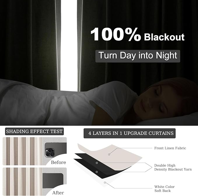 92 Inch Long Curtains Blackout 2 Panels,Custom Made Modern Neutral Soundproof Elegant Decorative Dark Out Linen Cottage Nursery Draperies for Living Room 52x92 Linen Beige Oatmeal