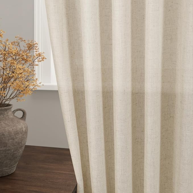 Beige Linen Curtains 80 inches Long for Loving Room Back Tab Light Filtering Privacy Sheer Curtains Rustic Farmhouse Bedroom Decor Cotton Textured Gauze Curtain 2 Panel Set 38x80