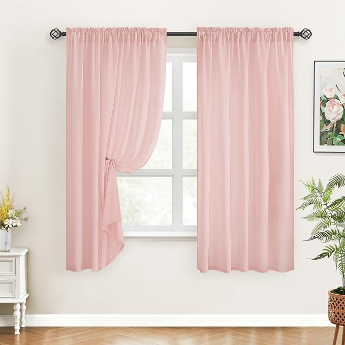 HOMEIDEAS Non-See-Through Blush Pink Privacy Sheer Curtains, 52 X 45 Inches Long 2 Panels Sheer Curtains Light Filtering Window Drapes for Bedroom Living Room