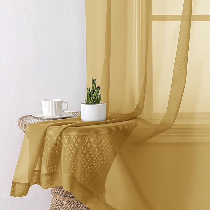Aiyufeng Gold Sheer Curtains 72 Inch Length 2 Panels Set, Light Filtering Gold Window Curtain Drapes Treatment for Kitchen, Bedroom,Children Room, Dual Rod Pocket, 2 Pack of 42 x 72"