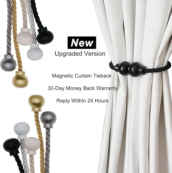 2 Pack Magnetic Curtain Tiebacks Modern Handmade Rope Curtain Tie Backs Decorative Drapes Weave Holdbacks for Home Outdoor Bedroom Office Decorative Curtain, Black