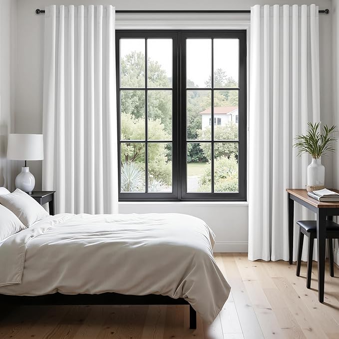 102 inch blackout curtains for Sliding door 2 Panels 100% Blackout Linen texture Beige White Window Drapes with Back Tab Rod Pocket Light Blocking Thermal Insulated Curtains for Bedroom Living Room