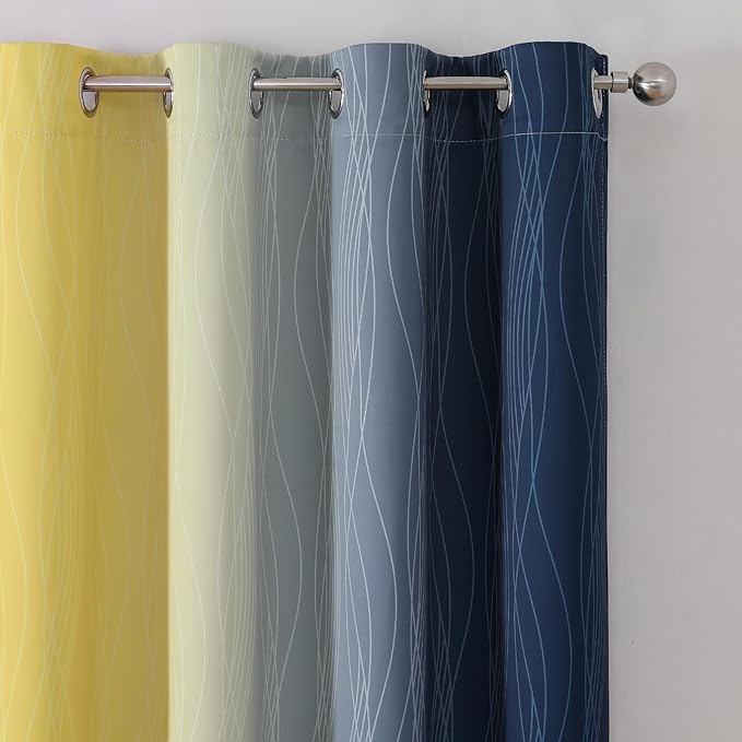 Estelar Textiler Navy Blue and Yellow Ombre Blackout Curtains 90 Inches Long 2 Panels for Living Room,Thermal Insulated Drapes for Bedroom,Full Light Blocking Grommet Curtains for Sliding Door,52Wx90L