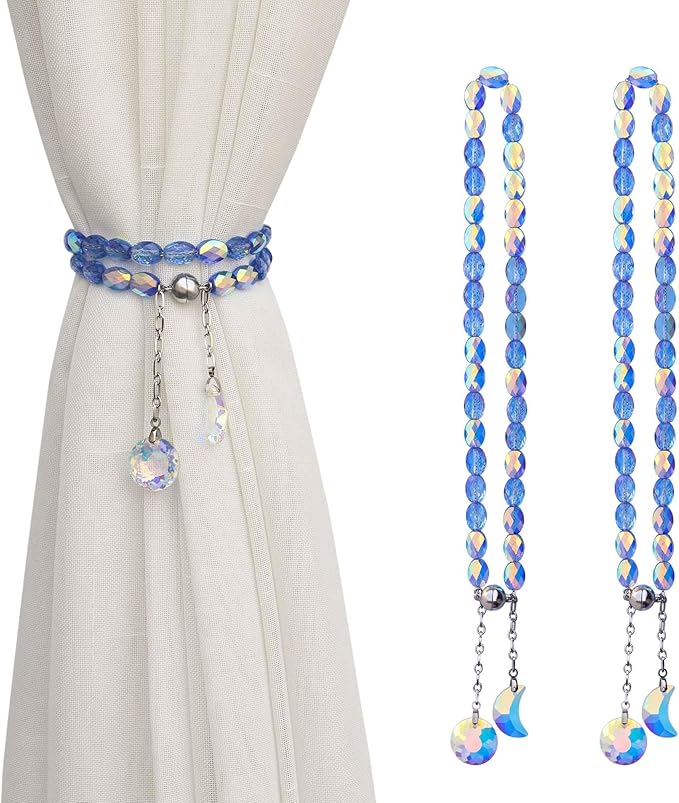 PEDOBO Magnetic Curtain Tiebacks, 2 Pack Crystal Beaded Sun & Moon Pendants Sheers/Draperies Holdbacks for Window Home Office Decor (Blue)
