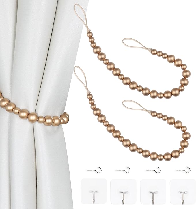 2 Pieces Wood Bead Curtain Tieback Boho Curtain Tiebacks Curtain Holdbacks for Wall Curtain Ties Window Treatment Curtain Tie Backs with Hooks Curtain Pull Backs (Gold,2)