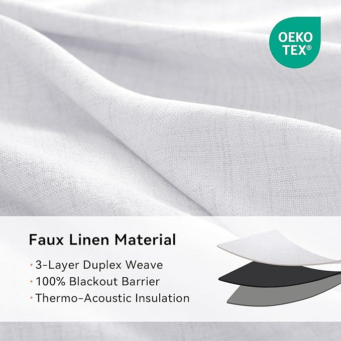 100% Blackout Shield Linen Blackout Curtains for Bedroom, Bright White Grommet Curtains for Living Room, Thermal Insulated Room Darkening Drapes for Nursery, Boho Home Decor, 50" W x 108" L, 2 Panels