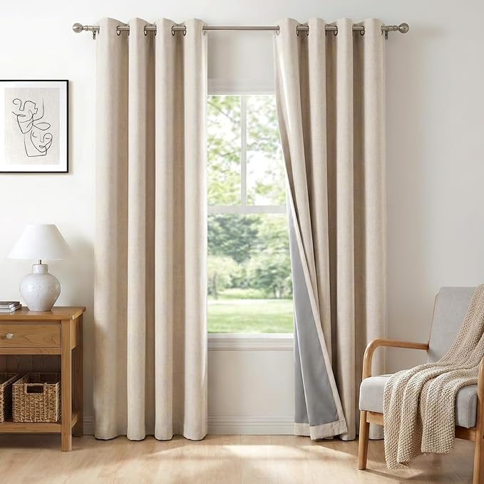 100% Blackout Shield Linen Blackout Curtains for Bedroom, Oatmeal Grommet Curtains for Living Room, Thermal Insulated Room Darkening Drapes for Nursery, Boho Home Decor, 50" W x 96" L, 2 Panels