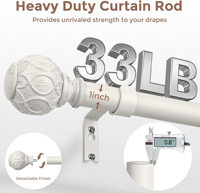 2 Pack Antique White Curtain Rods for Windows 30 to 56 Inch, Adjustable Vintage Decorative 1 Inch Heavy Duty Curtain Rod, Rustic Farmhouse Drapery Pole with Boho Netted Texture Flower Finials