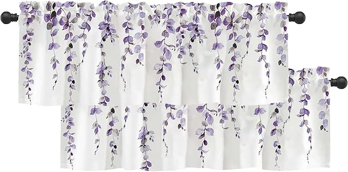 2 Pack Watercolor Purple Leaves Window Valance for Bedroom Living Room, Lavender Leaf Plant Curtains Valanes for Windows, 3" Rod Pocket Window Treatment for Home Decorations, 54 x 18 Inch, 2 Panel