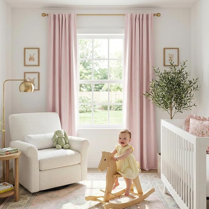 100% Blackout Shield Soft Pink Linen Blackout Curtains for Bedroom 84 Inches Long, Back Tab/Rod Pocket Living Room Drapes, Thermal Insulated Blackout Curtains 2 Panels Set, 50" W x 84" L