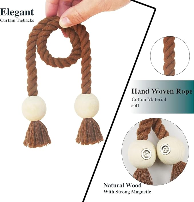 2 Pack Magnetic Curtain Tiebacks Cotton Hand Woven Tie Back Decorative Rope Holdbacks for Curtains Draperies No Tools Required, Khaki